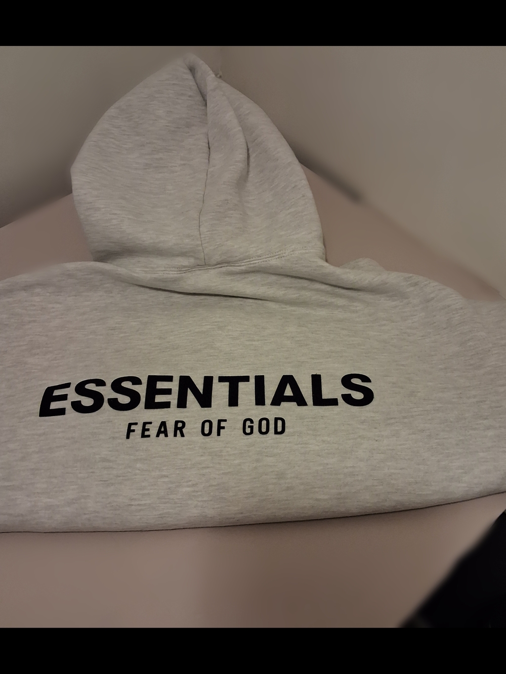 Fear of God Essentials Hoodie in Light Gray with Black Print